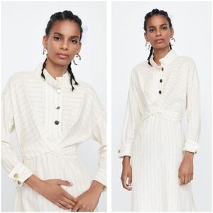 Zara PinStripe Midi Dress Belted mock neck 3/4 sleeve linen viscose blend SZ XL